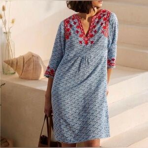 Boden Blue and Red Embroidered Linen Dress BRAND NEW